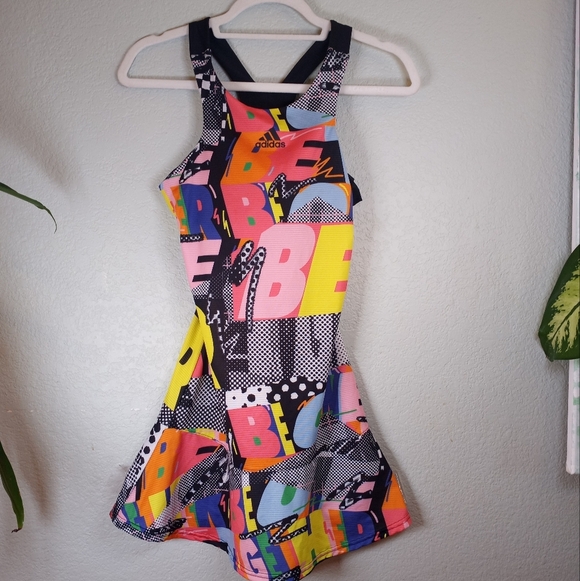 Adidas Tennis Prep 80s Graphic Print Racerback Built In Bra Athleisure Dress - Picture 5 of 11